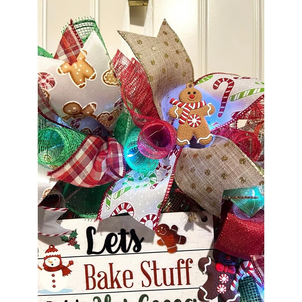Christmas Gingerbread Man Holiday Ribbon Door Wreath Handmade 22 ins LED W5